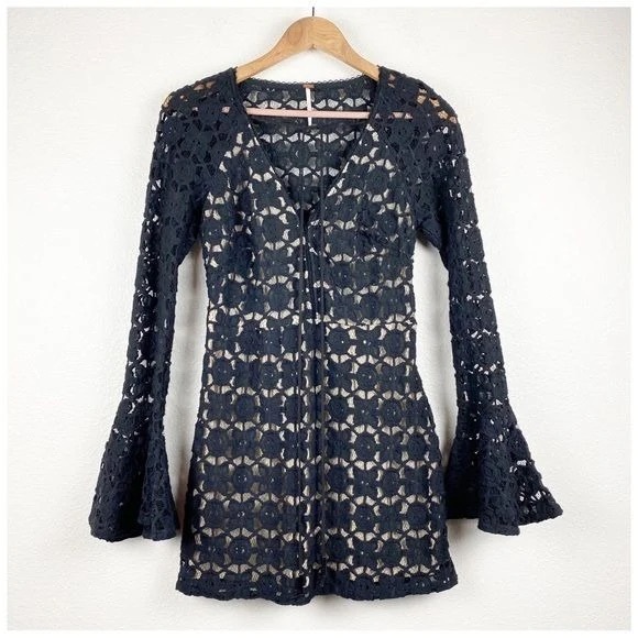 Free People Dresses & Skirts - Free People Black Crochet Long Sleeve Dress